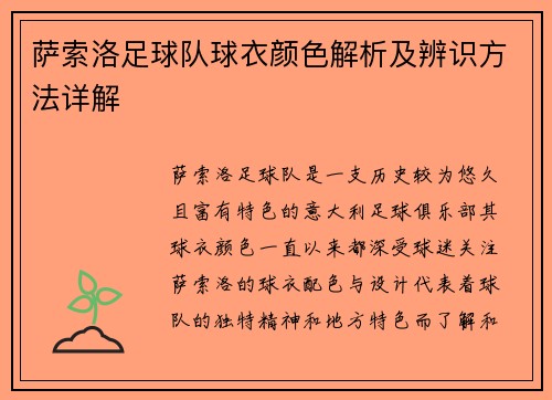 萨索洛足球队球衣颜色解析及辨识方法详解